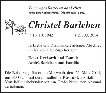 Traueranzeige von Christel Barleben von Märkische Oderzeitung