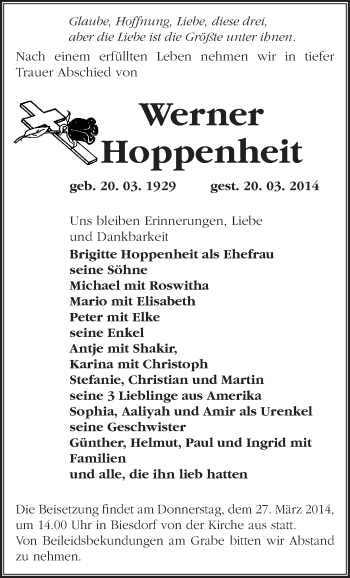 Traueranzeige von Werner Hoppenheit von Märkische Oderzeitung