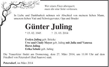 Traueranzeige von Günter Juling von Märkische Oderzeitung