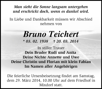 Traueranzeige von Bruno Teichert von Märkische Oderzeitung