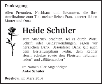 Traueranzeige von Heide Schüler von Märkische Oderzeitung