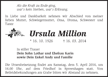 Traueranzeige von Ursula Million von Märkische Oderzeitung