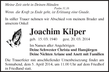 Traueranzeige von Joachim Kilper von Märkische Oderzeitung