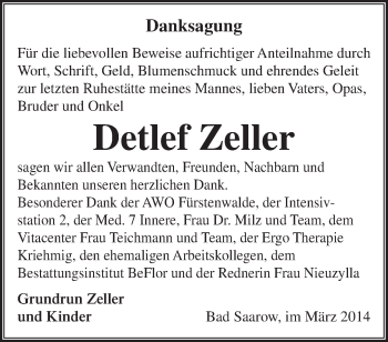 Traueranzeige von Detlef Zeller von Märkische Oderzeitung