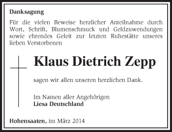 Traueranzeige von Klaus Dietrich Zepp von Märkische Oderzeitung