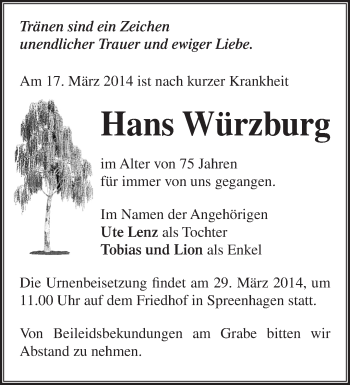 Traueranzeige von Hans Würzburg von Märkische Oderzeitung