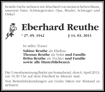 Traueranzeige von Eberhard Reuthe von Märkische Oderzeitung