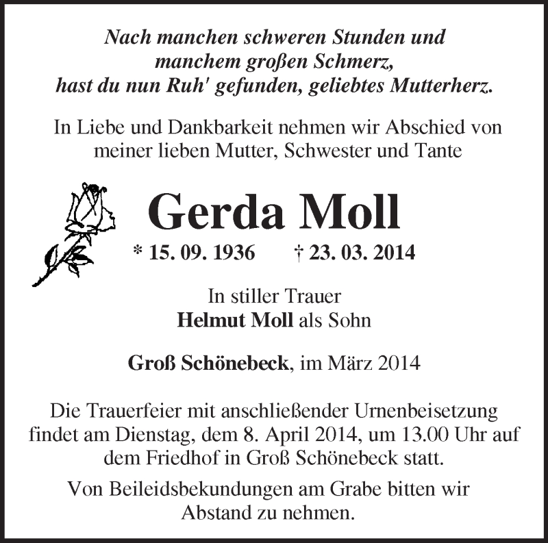 Traueranzeigen von Gerda Moll | Märkische Onlinezeitung Trauerportal