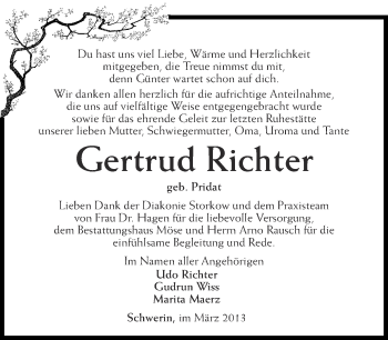 Traueranzeige von Gertrud Richter von Märkische Oderzeitung