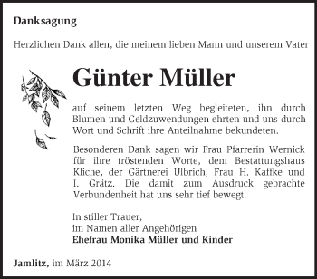 Traueranzeige von Günter Müller von Märkische Oderzeitung