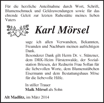 Traueranzeige von  Karl Mörsel von Märkische Oderzeitung