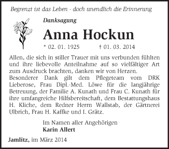 Traueranzeige von Anna Hockun von Märkische Oderzeitung