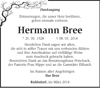 Traueranzeige von Hermann Bree von Märkische Oderzeitung