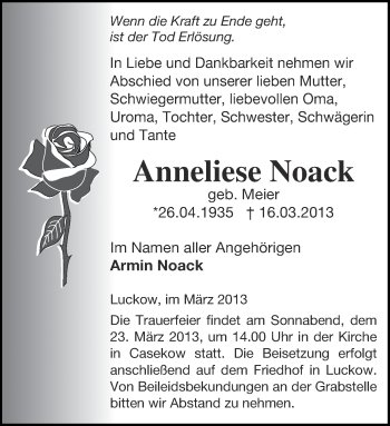 Traueranzeige von Anneliese Noack von Märkische Oderzeitung