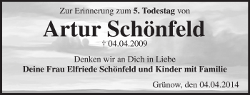 Traueranzeige von Artur Schönfeld von Märkische Oderzeitung