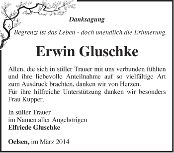 Traueranzeige von Erwin Gluschke von Märkische Oderzeitung