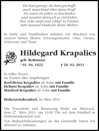 Traueranzeige von Hildegard Krapalies von Märkische Oderzeitung