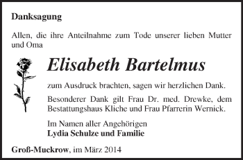 Traueranzeige von Elisabeth Bartelmus von Märkische Oderzeitung