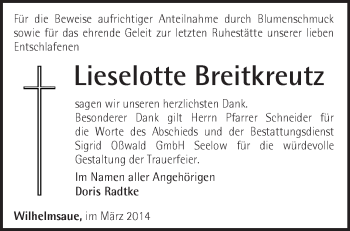 Traueranzeige von Lieselotte Breitkreutz von Märkische Oderzeitung