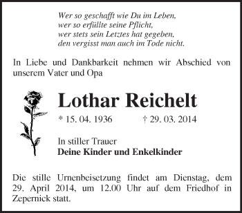 Traueranzeige von Lothar Reichelt von Märkische Oderzeitung