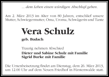 Traueranzeige von Vera Schulz von Märkische Oderzeitung