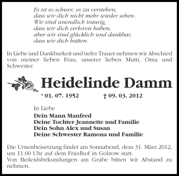 Traueranzeige von Heidelinde Damm von Märkische Oderzeitung