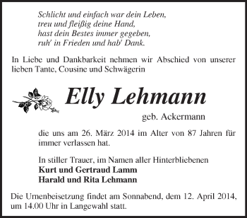 Traueranzeige von Elly Lehmann von Märkische Oderzeitung