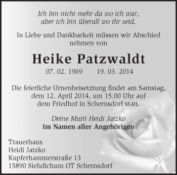 Traueranzeige von Heike Patzwaldt von Märkische Oderzeitung