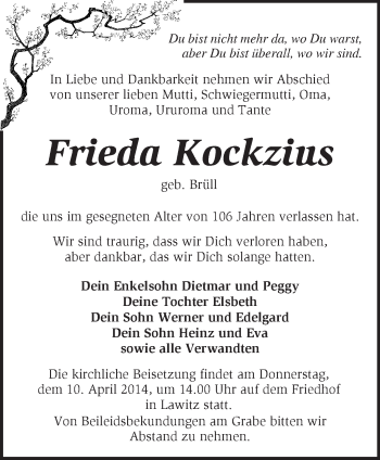 Traueranzeige von Frieda Kockzius von Märkische Oderzeitung