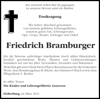 Traueranzeige von Friedrich Bramburger von Märkische Oderzeitung