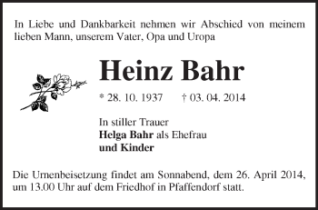 Traueranzeige von Heinz Bahr von Märkische Oderzeitung