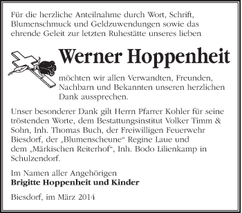 Traueranzeige von Werner Hoppenheit von Märkische Oderzeitung