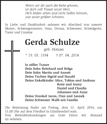 Traueranzeige von Gerda Schulze von Märkische Oderzeitung