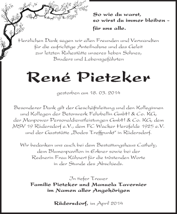 Traueranzeige von Rene Pietzker von Märkische Oderzeitung