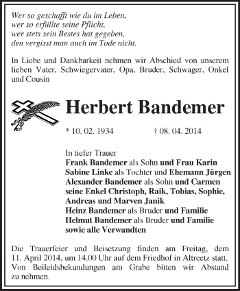 Traueranzeige von Herbert Bandemer von Märkische Oderzeitung