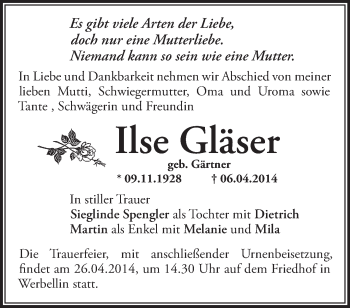 Traueranzeige von Ilse Gläser von Märkische Oderzeitung