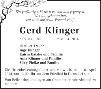 Traueranzeige von Gerd Klinger von Märkische Oderzeitung