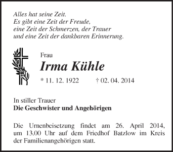 Traueranzeige von Irma Kühle von Märkische Oderzeitung