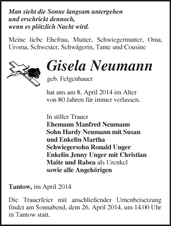 Traueranzeige von Gisela Neumann von Märkische Oderzeitung