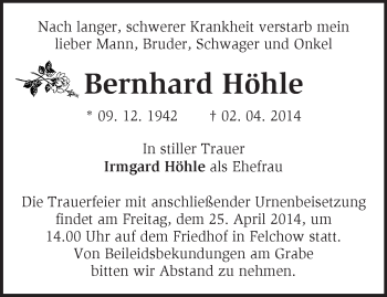 Traueranzeige von Bernhard Höhle von Märkische Oderzeitung