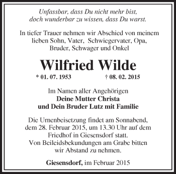 Traueranzeige von Wilfried Wilde von Märkische Oderzeitung