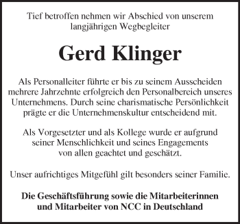 Traueranzeige von Gerd Klinger von Märkische Oderzeitung