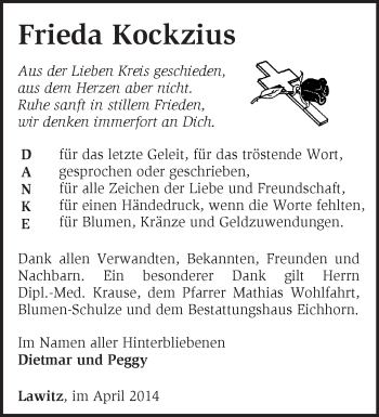 Traueranzeige von Frieda Kockzius von Märkische Oderzeitung