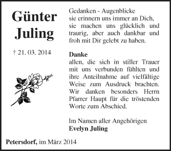 Traueranzeige von  Günter Juling von Märkische Oderzeitung