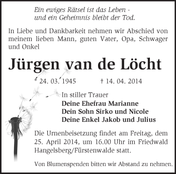 Traueranzeige von Jürgen van de Löcht von Märkische Oderzeitung