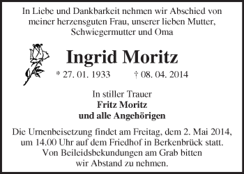 Traueranzeige von Ingrid Moritz von Märkische Oderzeitung