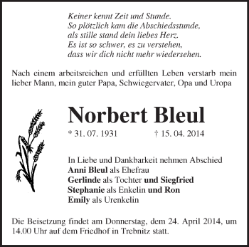 Traueranzeige von Norbert Bleul von Märkische Oderzeitung