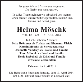 Traueranzeige von Helma Möschk von Märkische Oderzeitung