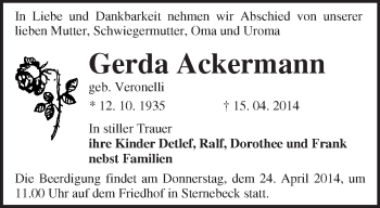 Traueranzeige von Gerda Ackermann von Märkische Oderzeitung