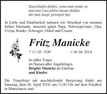 Traueranzeige von Fritz  Manicke von Märkische Oderzeitung